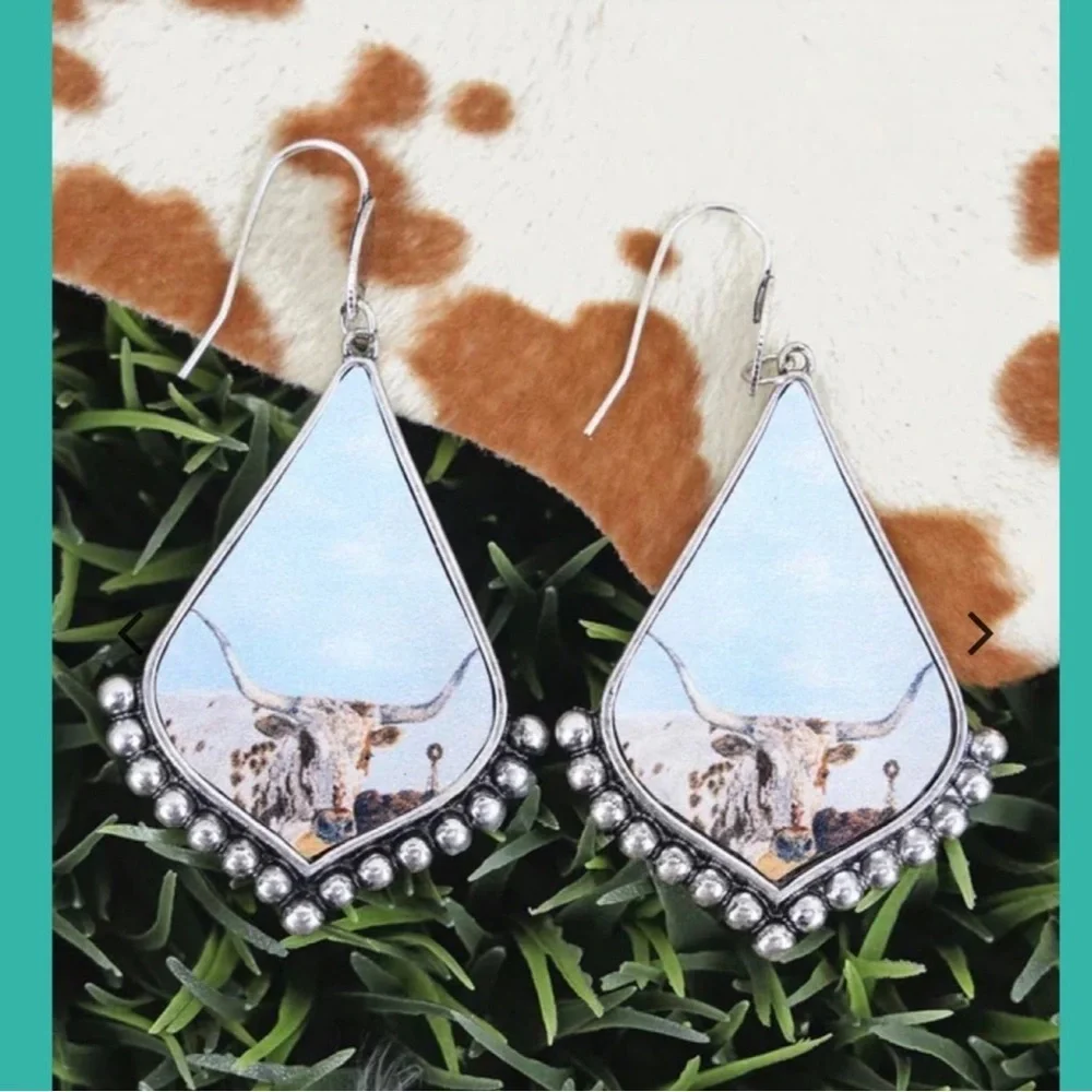 Western Longhorn Cow Earrings Cattle Metal Southwestern Boho Gift NEW